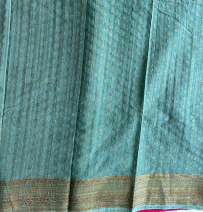 Pink Banarasi Semi Tussar Georgette Saree with Sliver Zari Border — Lightweight Festive Wear - Sampradaya Designer Studio