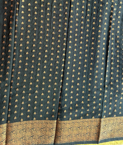 Green Banarasi Semi Tussar Georgette Saree with Sliver Zari Border — Lightweight Festive Wear