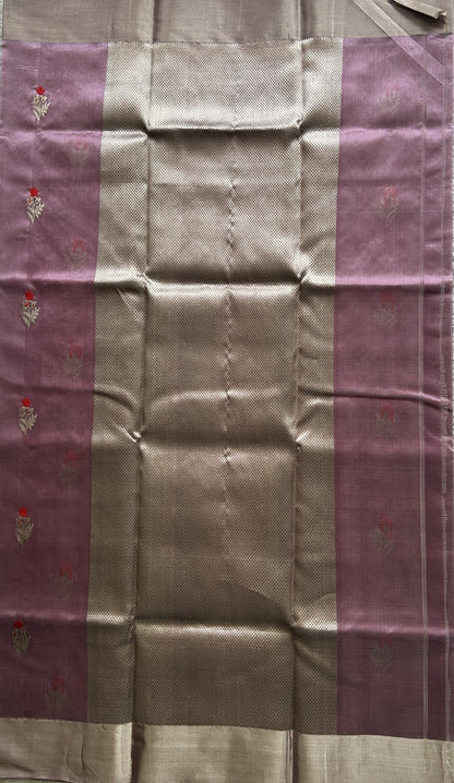 Chanderi Silk Saree Lilac color Elegantly Paired with a Silver Zari border - Sampradaya Designer Studio