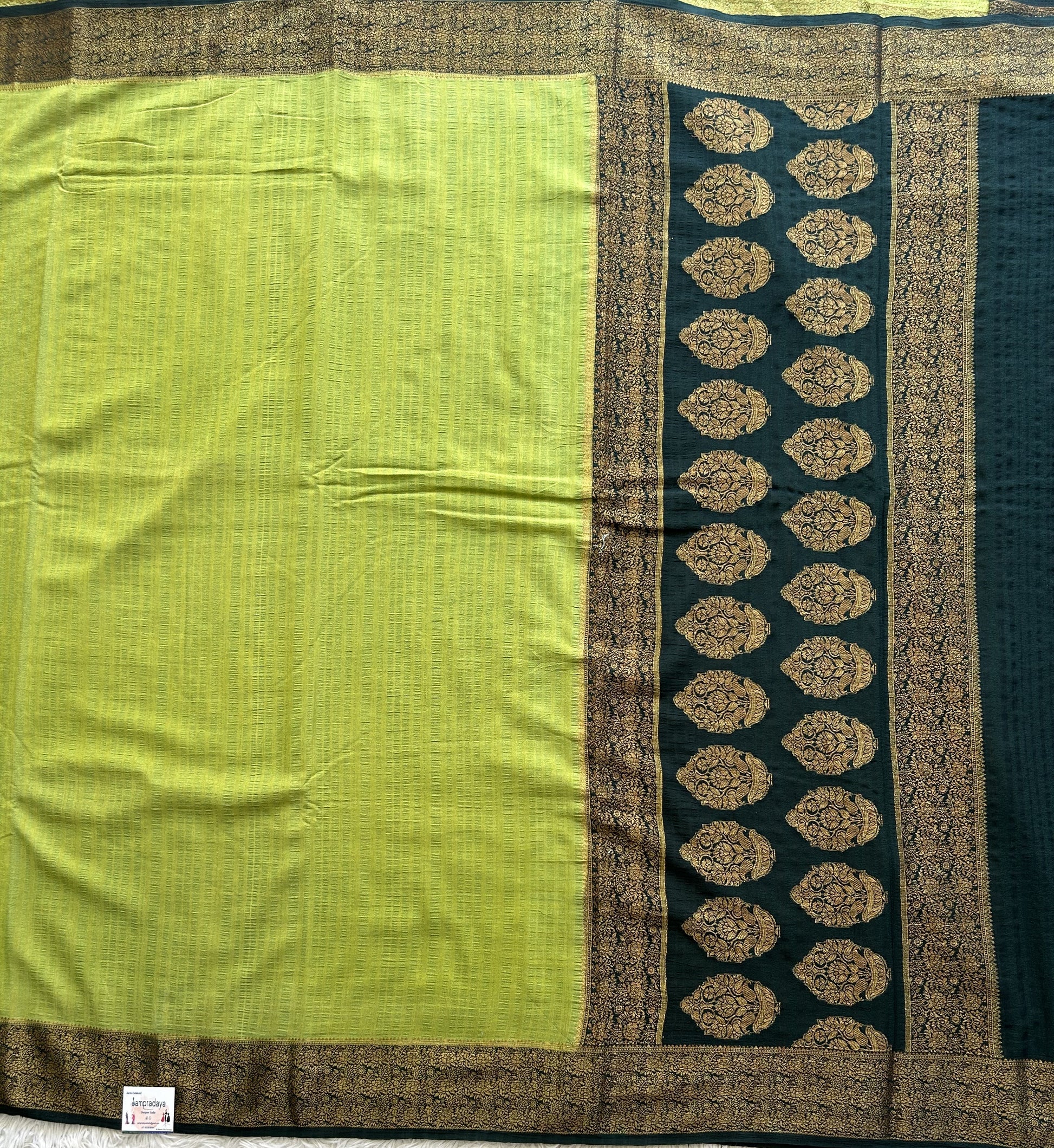 Green Banarasi Semi Tussar Georgette Saree with Sliver Zari Border — Lightweight Festive Wear - Sampradaya Designer Studio