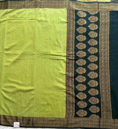Green Banarasi Semi Tussar Georgette Saree with Sliver Zari Border — Lightweight Festive Wear