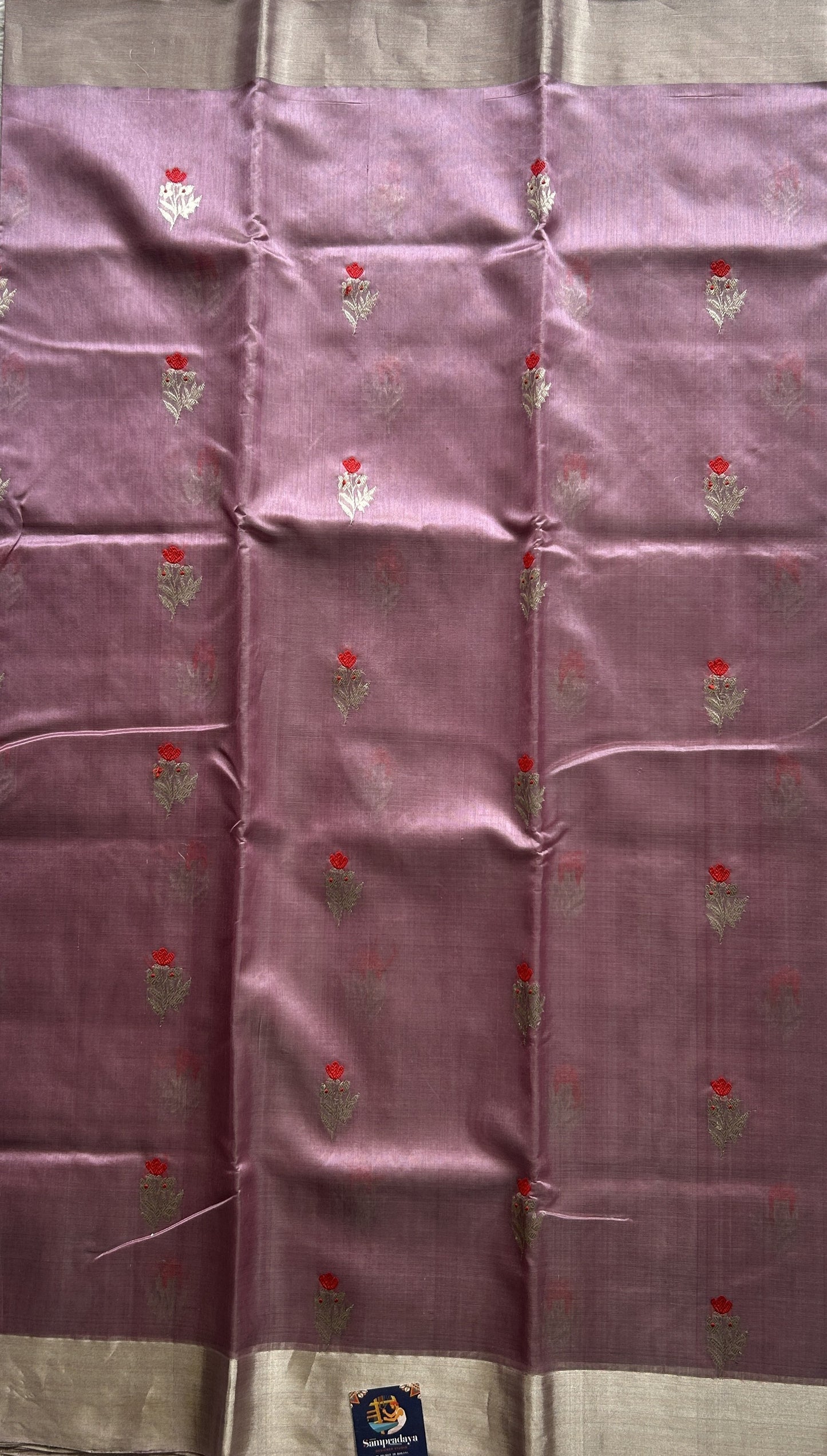 Chanderi Silk Saree Lilac color Elegantly Paired with a Silver Zari border - Sampradaya Designer Studio