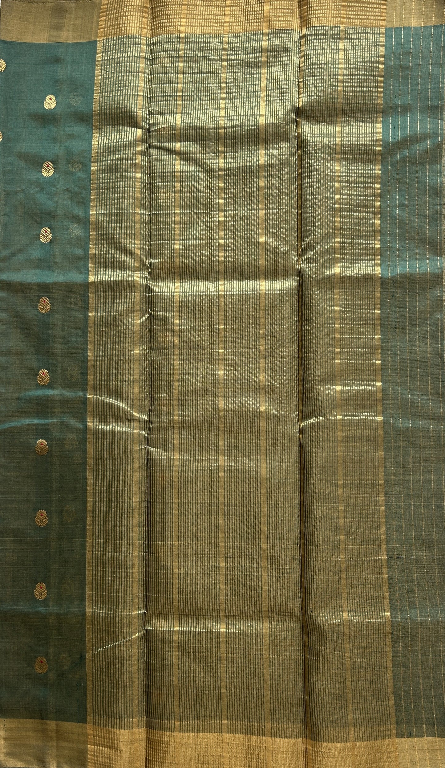 Chanderi Silk Saree Turquoise Green color Elegantly Paired with a Gold Zari border - Sampradaya Designer Studio