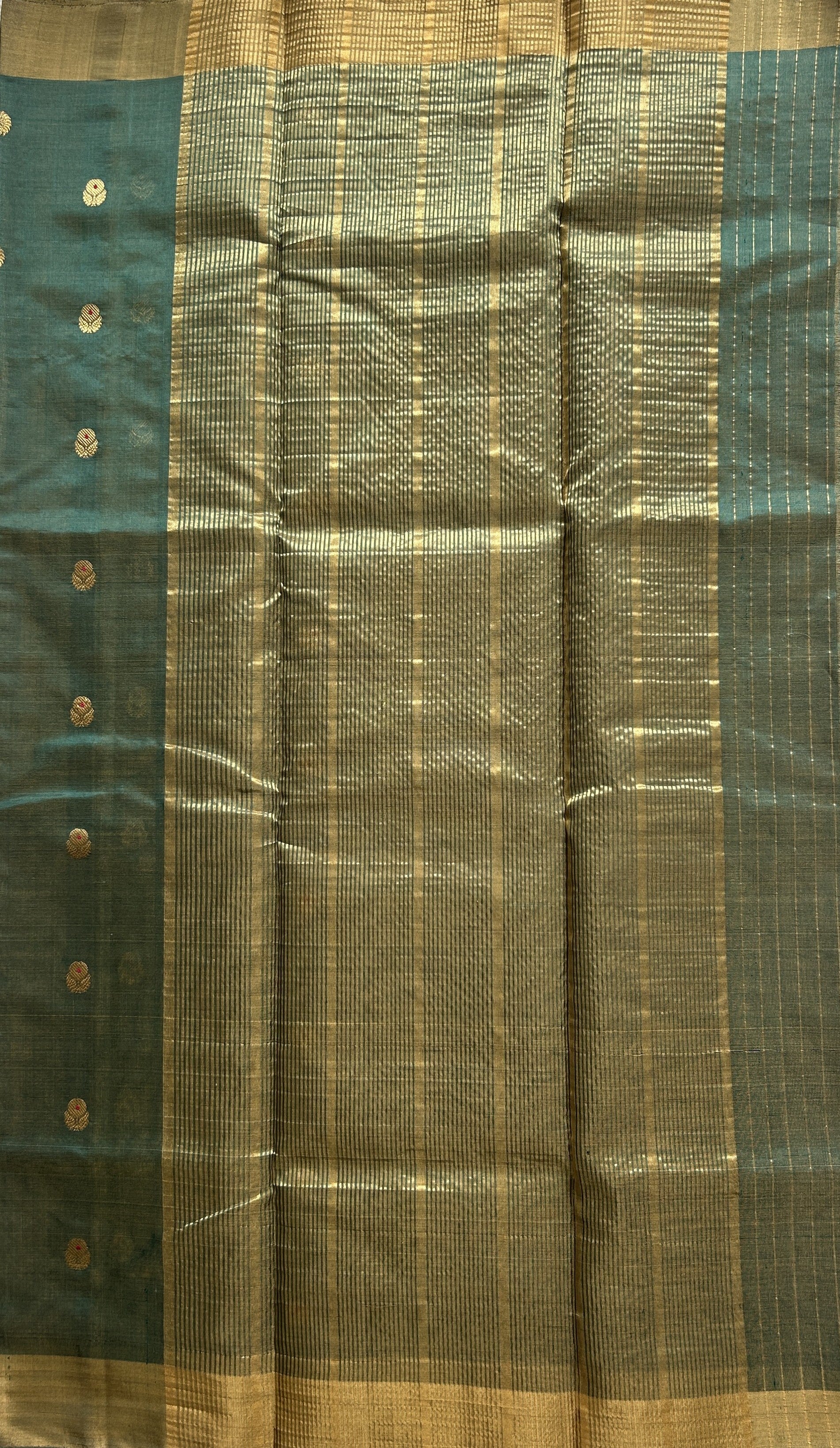 Chanderi Silk Saree Turquoise Green color Elegantly Paired with a Gold Zari border - Sampradaya Designer Studio