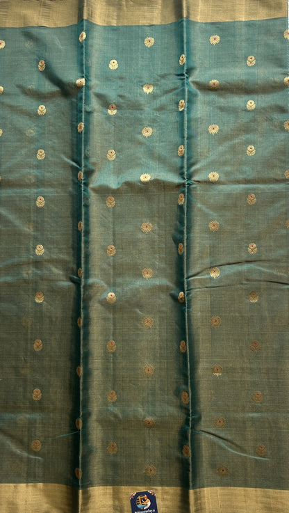 Chanderi Silk Saree Turquoise Green color Elegantly Paired with a Gold Zari border - Sampradaya Designer Studio