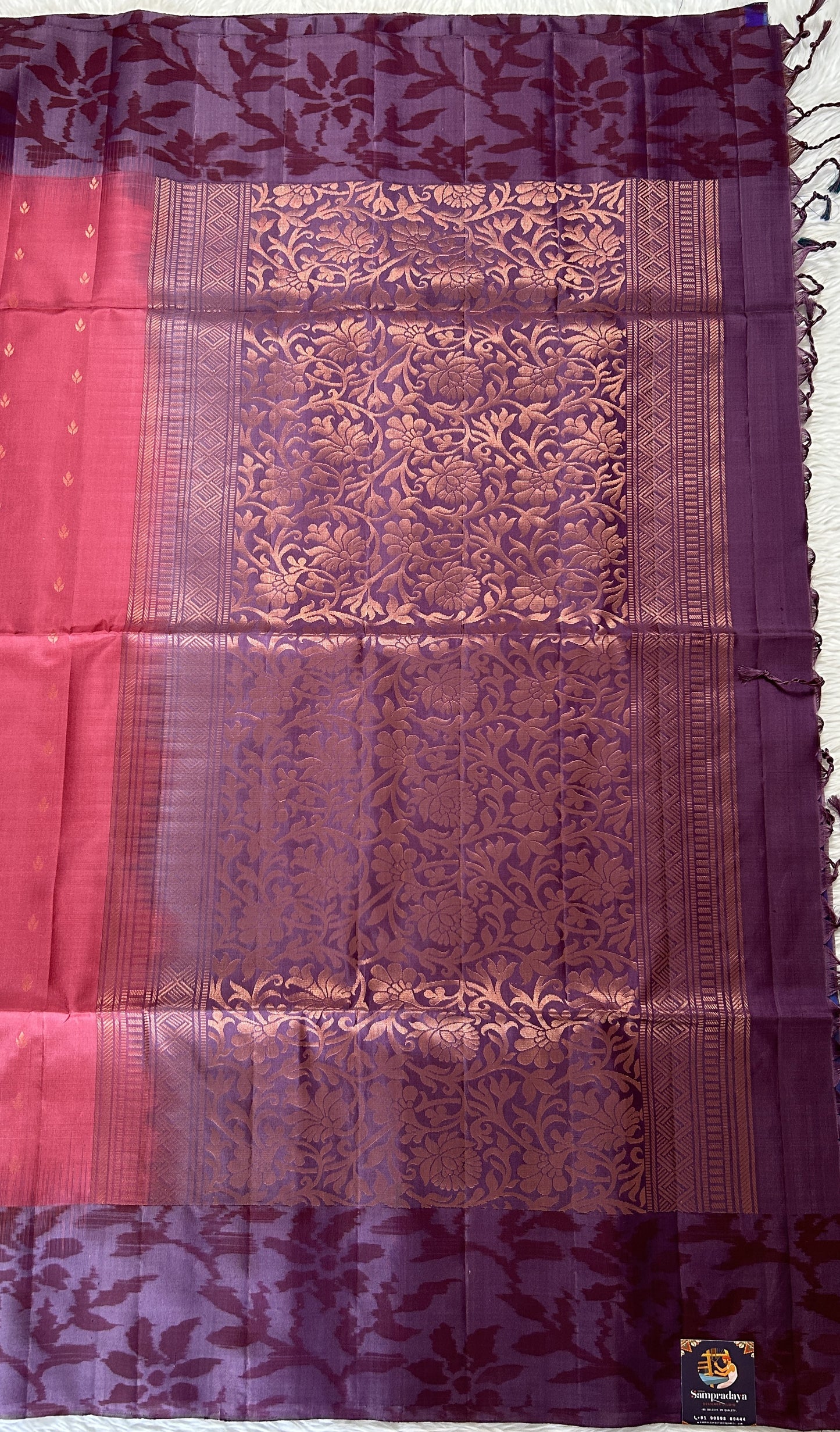 Kanjivaram Festive Soft Silk Saree Magenta colored Saree complemented with a Mauve Colored Pochampally border. - Sampradaya Designer Studio