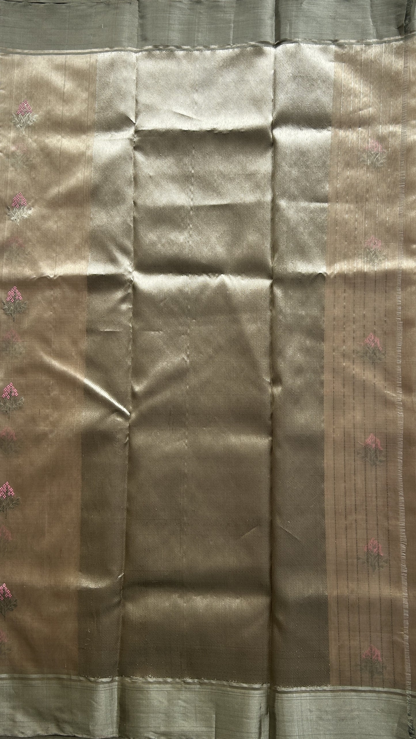 Chanderi Silk Saree Wheat color Elegantly Paired with a Silver Zari border - Sampradaya Designer Studio