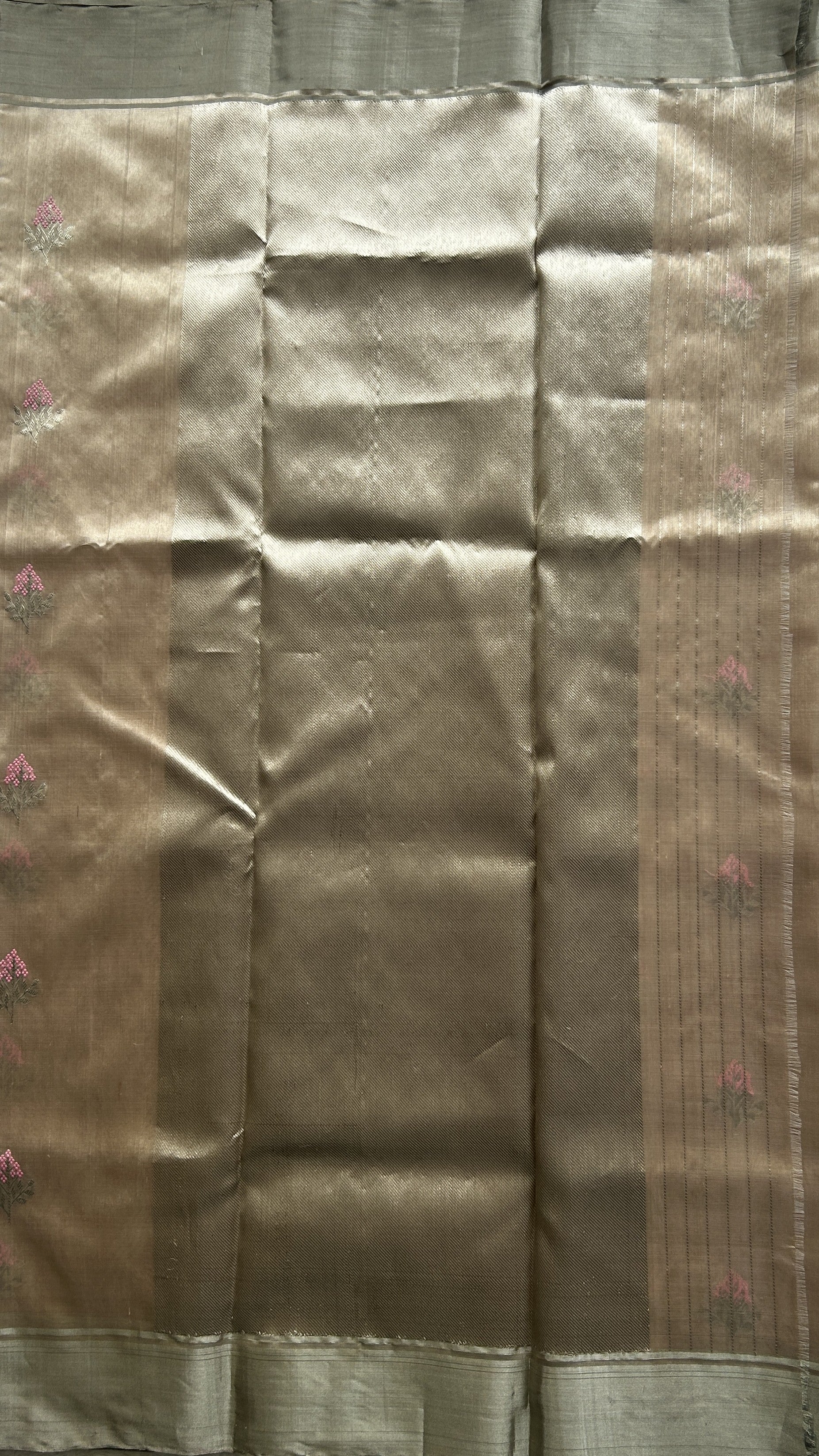 Chanderi Silk Saree Wheat color Elegantly Paired with a Silver Zari border - Sampradaya Designer Studio