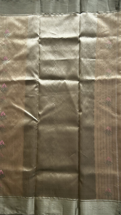 Chanderi Silk Saree Wheat color Elegantly Paired with a Silver Zari border - Sampradaya Designer Studio