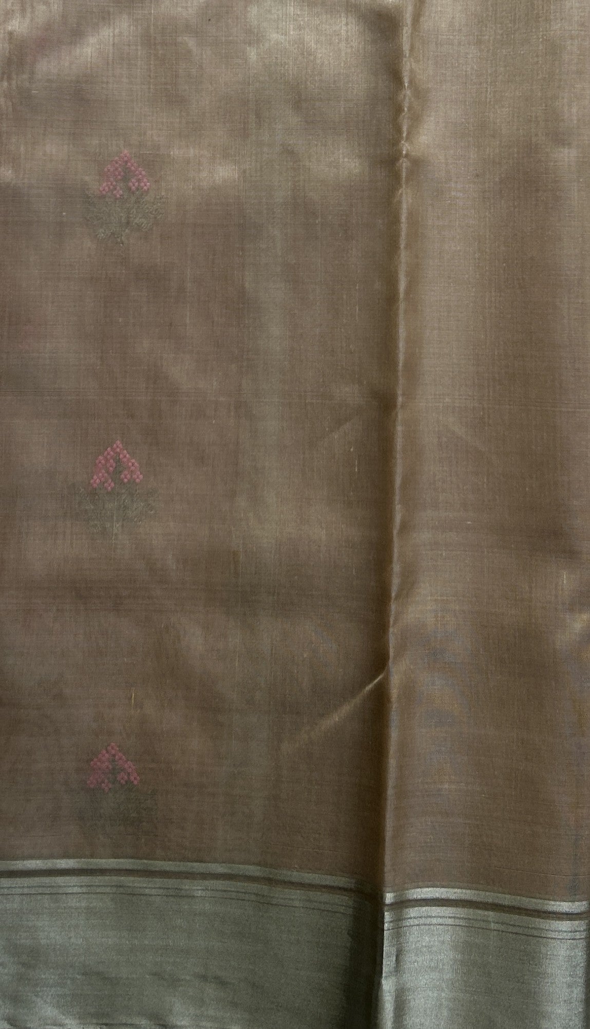 Chanderi Silk Saree Wheat color Elegantly Paired with a Silver Zari border - Sampradaya Designer Studio