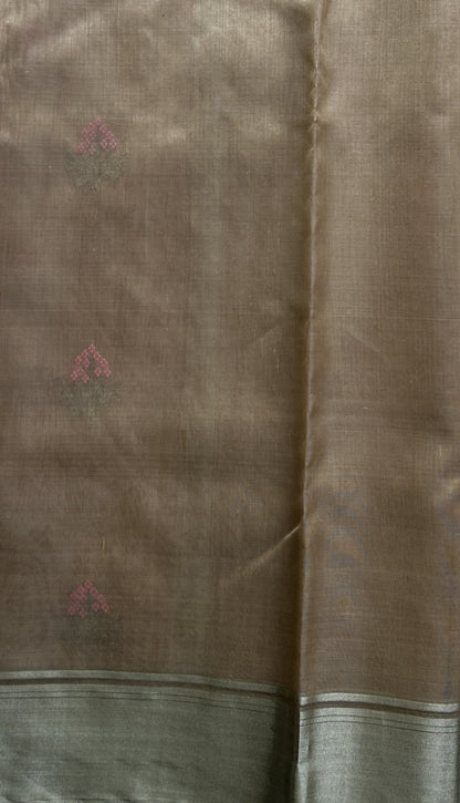 Chanderi Silk Saree Wheat color Elegantly Paired with a Silver Zari border - Sampradaya Designer Studio