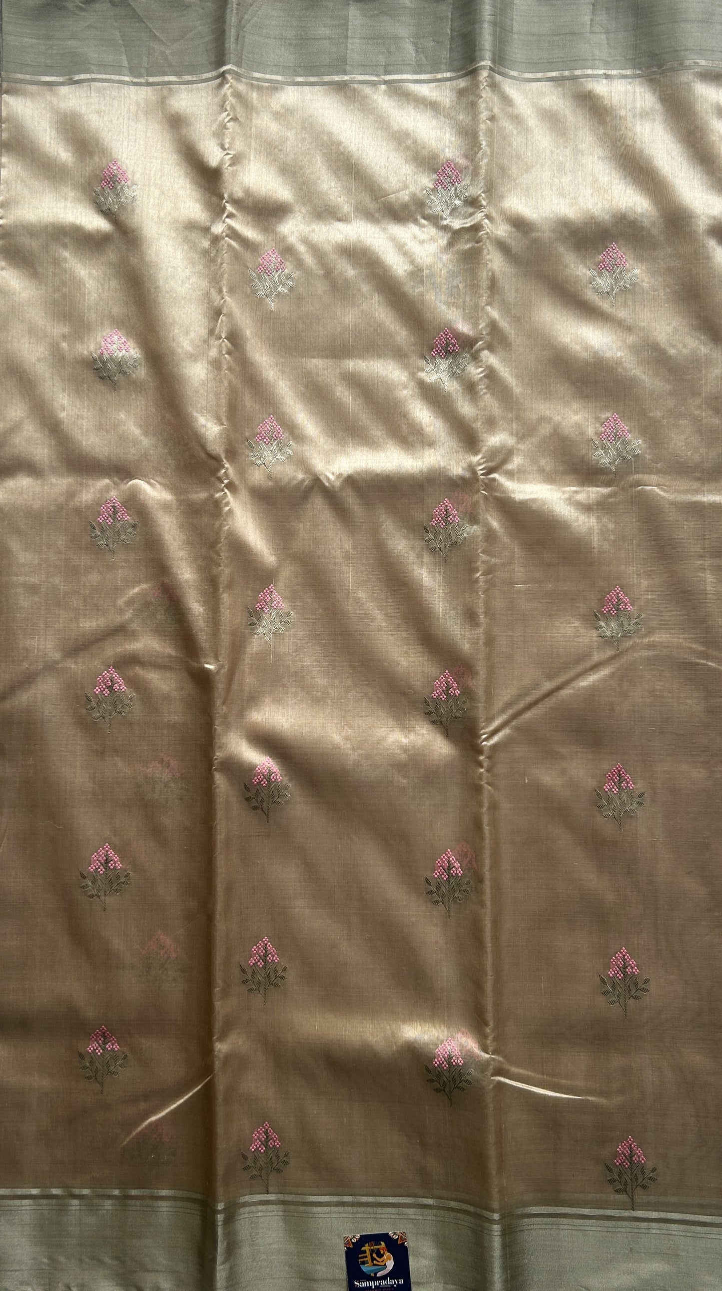 Chanderi Silk Saree Wheat color Elegantly Paired with a Silver Zari border - Sampradaya Designer Studio
