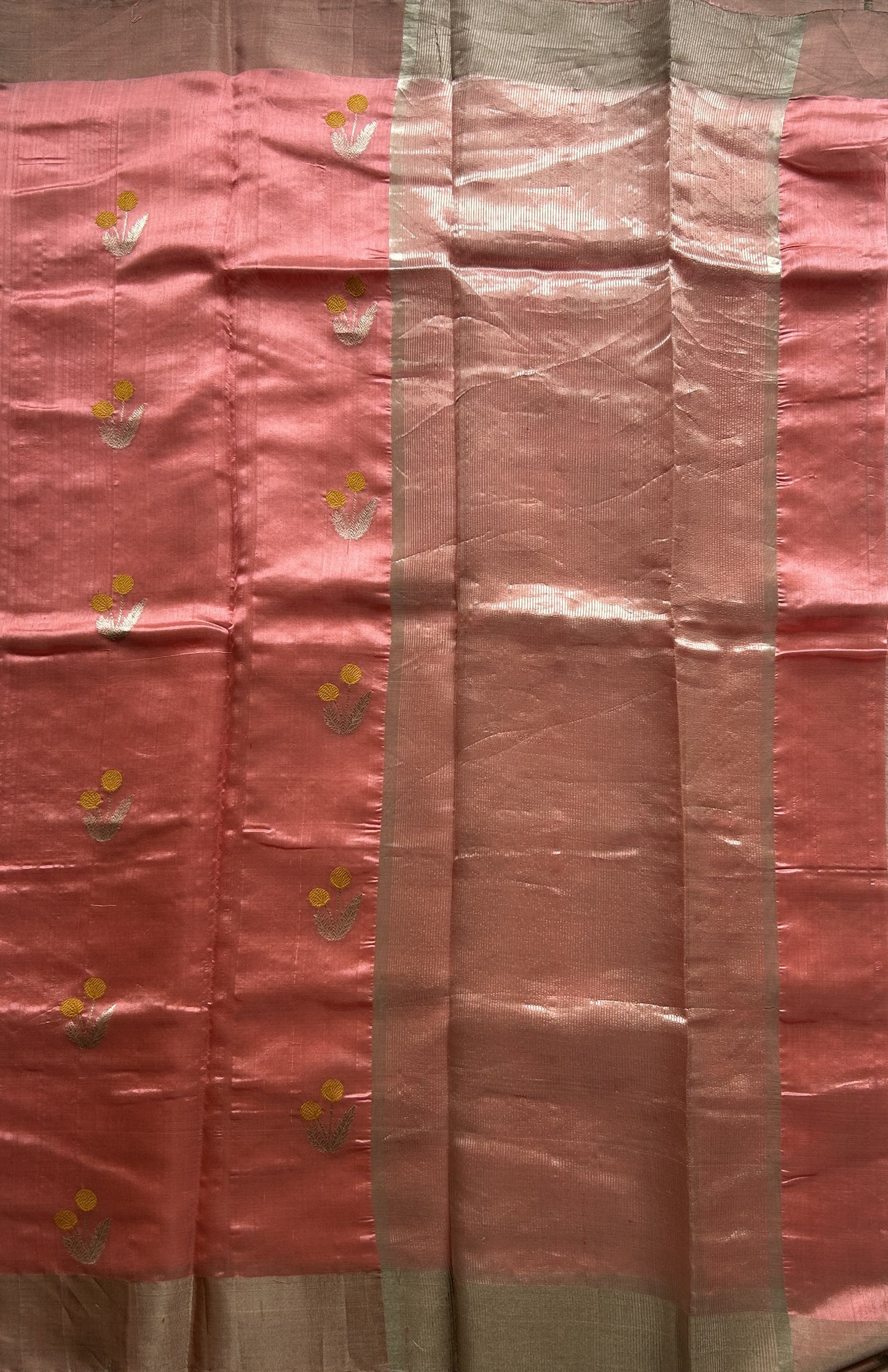 Chanderi Silk Saree Peach color Elegantly Paired with a Silver Zari border - Sampradaya Designer Studio