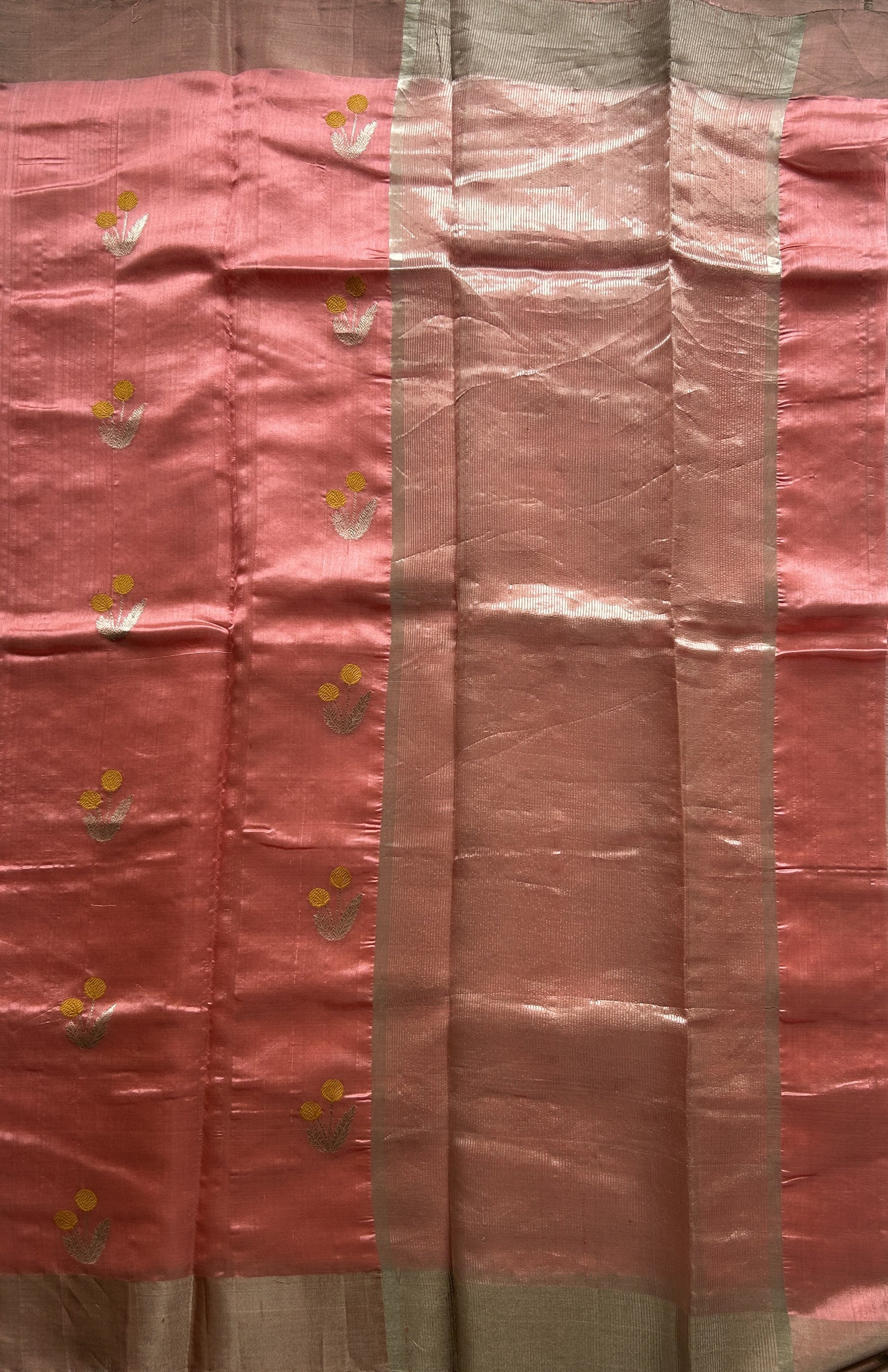 Chanderi Silk Saree Peach color Elegantly Paired with a Silver Zari border - Sampradaya Designer Studio