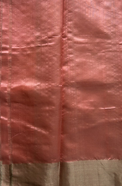Chanderi Silk Saree Peach color Elegantly Paired with a Silver Zari border - Sampradaya Designer Studio