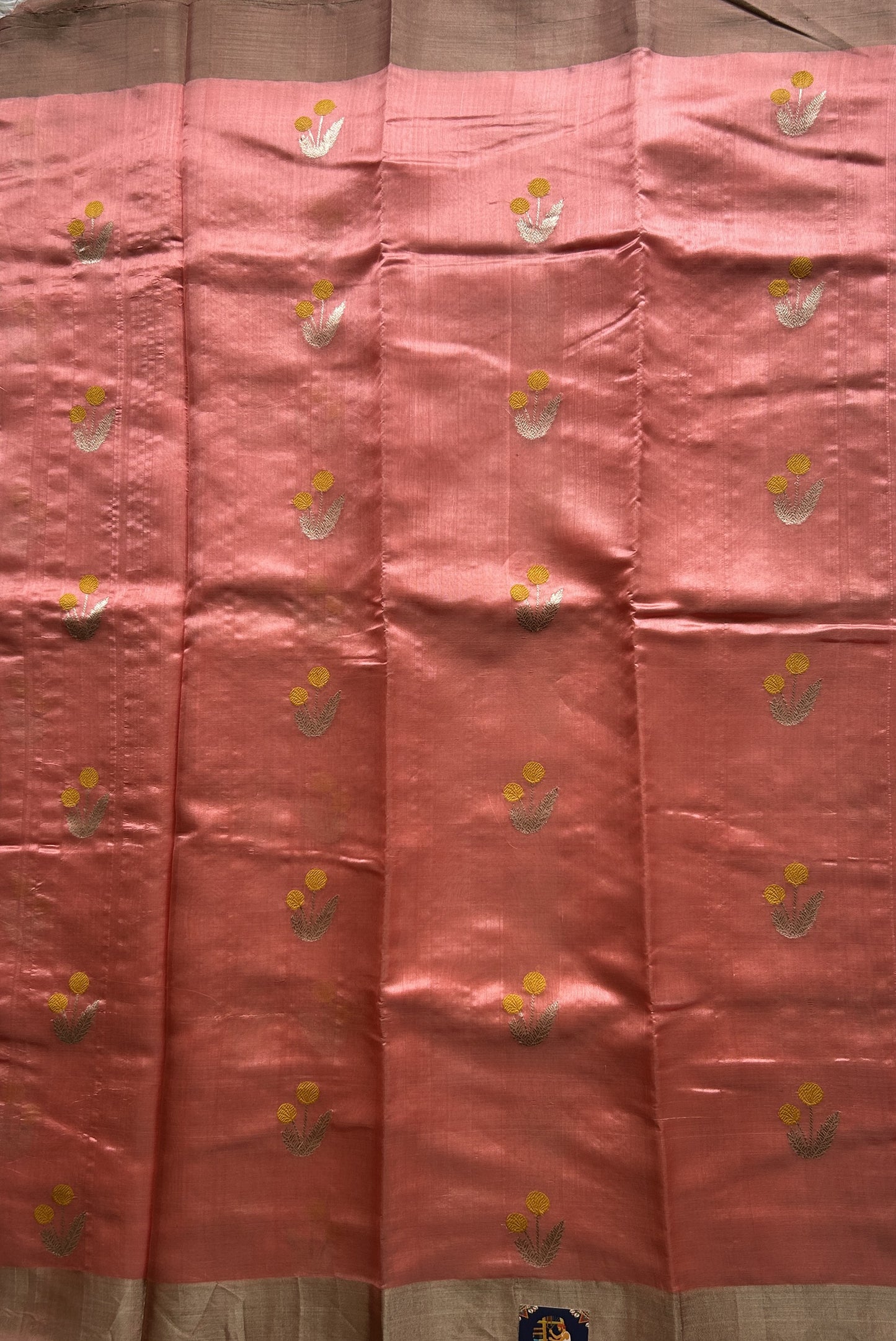 Chanderi Silk Saree Peach color Elegantly Paired with a Silver Zari border - Sampradaya Designer Studio