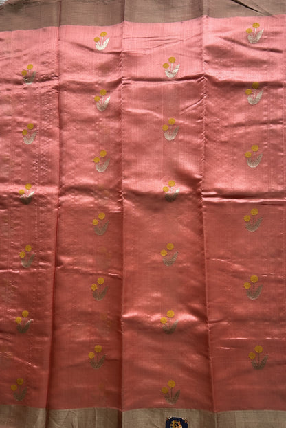 Chanderi Silk Saree Peach color Elegantly Paired with a Silver Zari border - Sampradaya Designer Studio