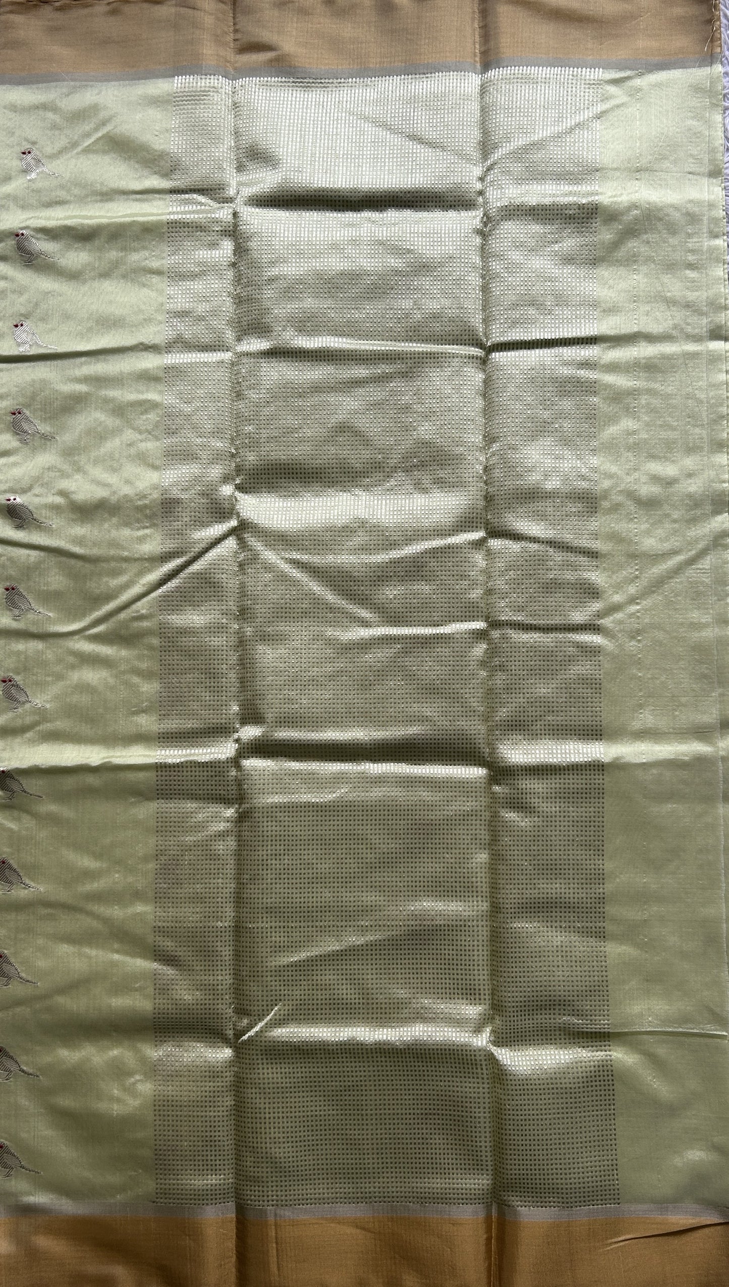 Chanderi Silk Saree Neon Green color Elegantly Paired with a Gold Zari border - Sampradaya Designer Studio