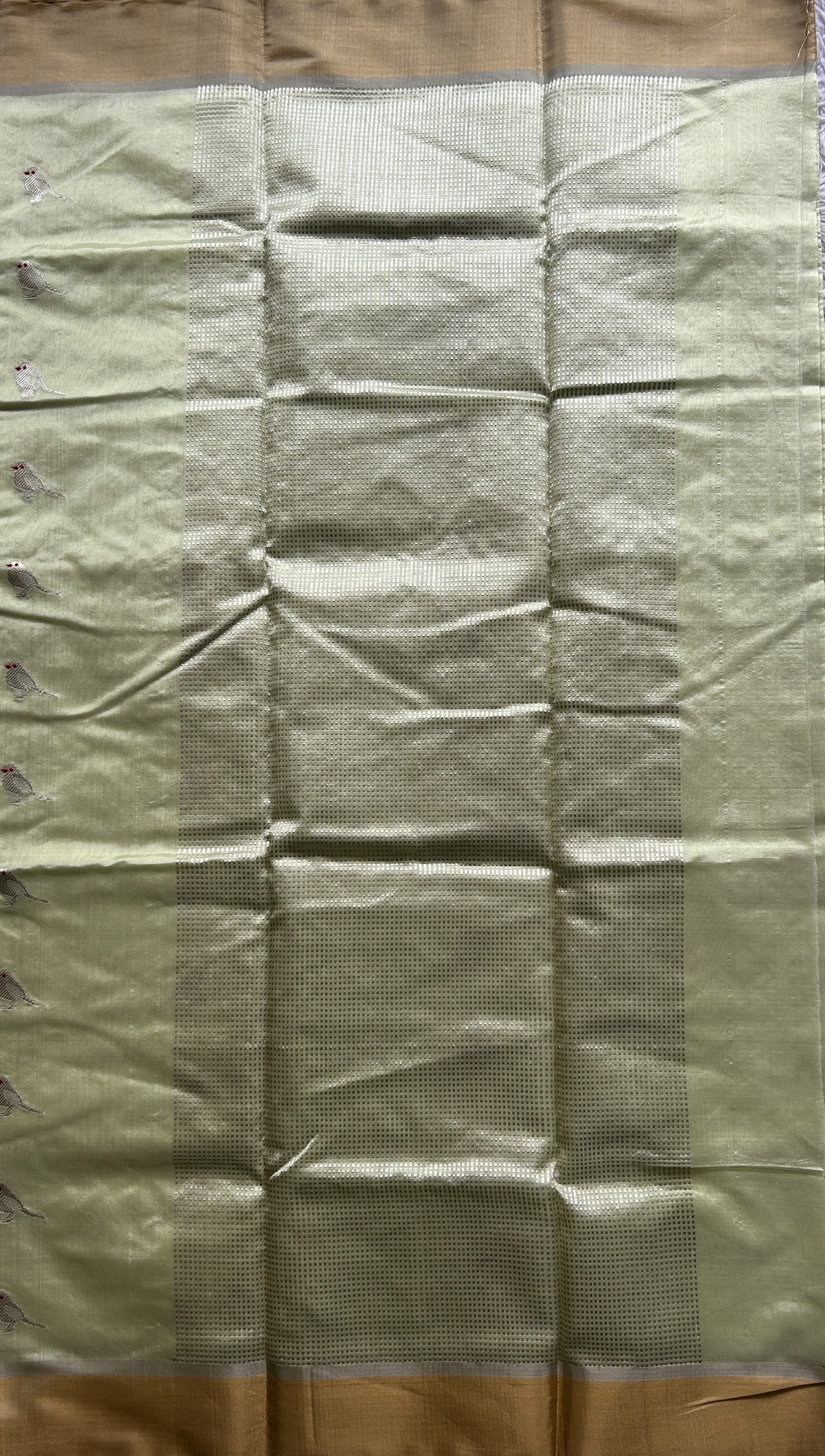 Chanderi Silk Saree Neon Green color Elegantly Paired with a Gold Zari border - Sampradaya Designer Studio