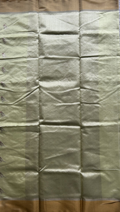 Chanderi Silk Saree Neon Green color Elegantly Paired with a Gold Zari border - Sampradaya Designer Studio