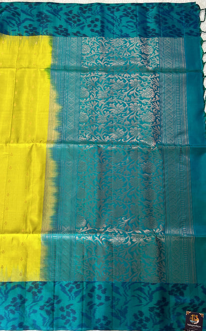 Kanjivaram Festive Soft Silk Saree Green colored Saree complemented with a Peacock Green Pochampally border. - Sampradaya Designer Studio