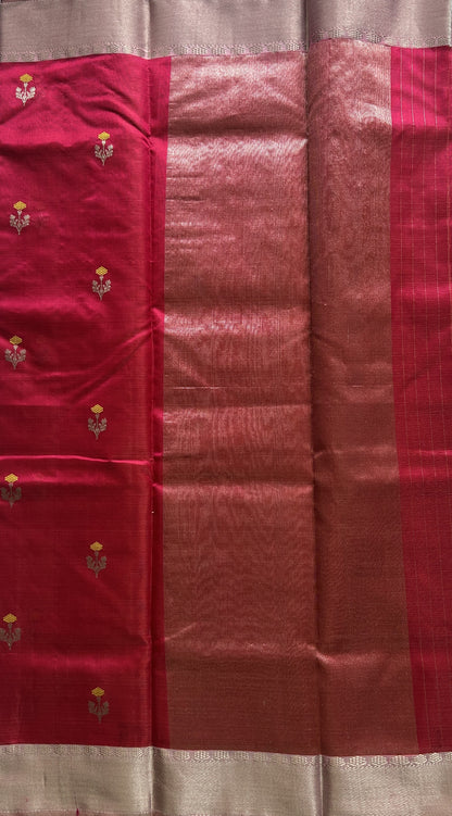 Chanderi Silk Saree Pink color Elegantly Paired with a Silver Zari border - Sampradaya Designer Studio