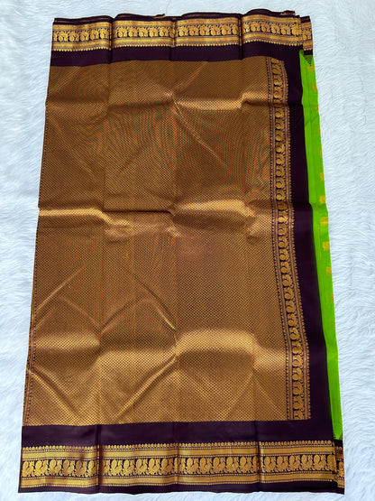 Gadwal Pattu Saree Apple Green colored saree complemented with a Coffee Brown Kanchi border - Sampradaya Designer Studio