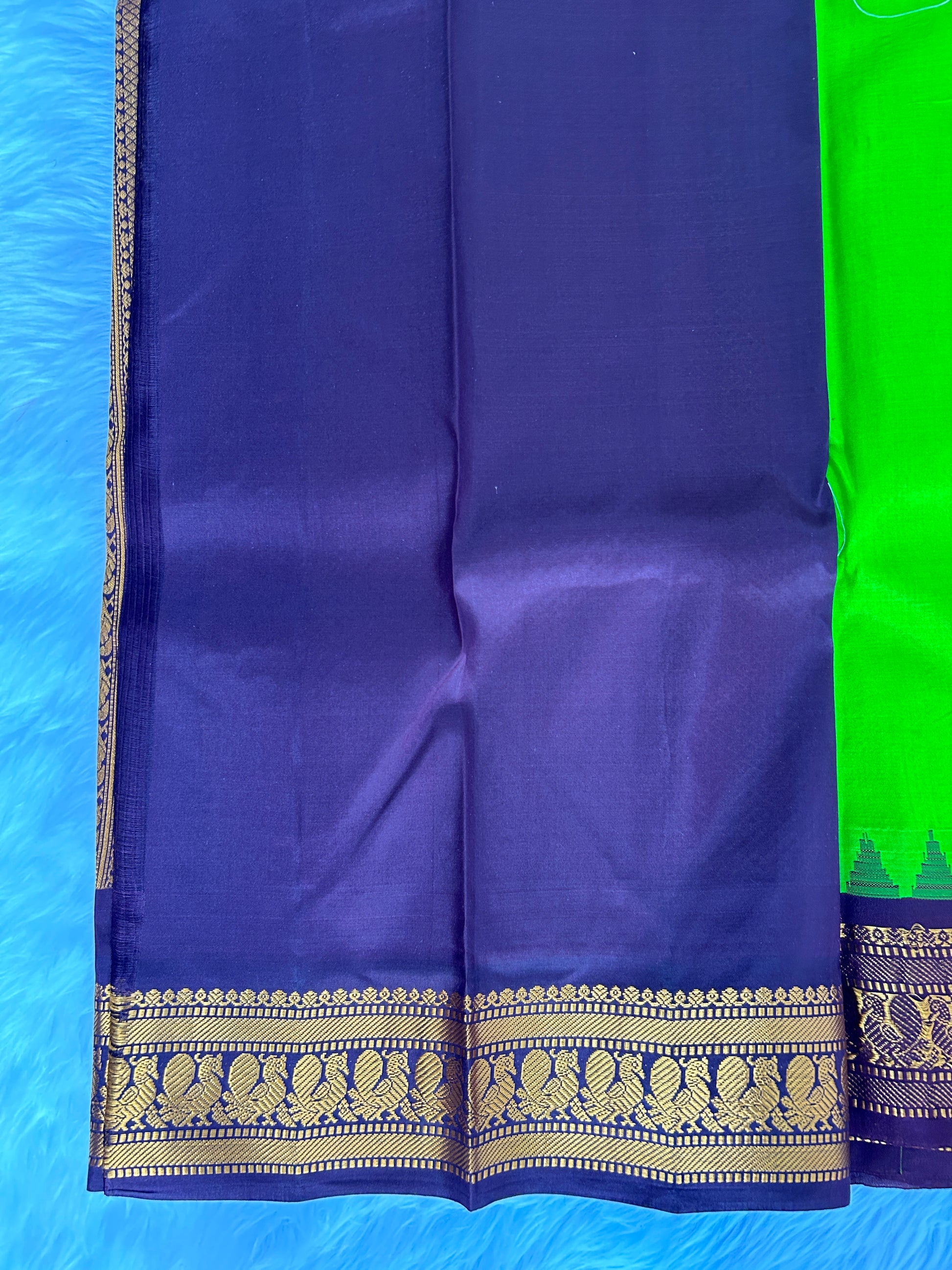 Gadwal Pattu Saree Apple Green colored saree complemented with a Coffee Brown Kanchi border - Sampradaya Designer Studio