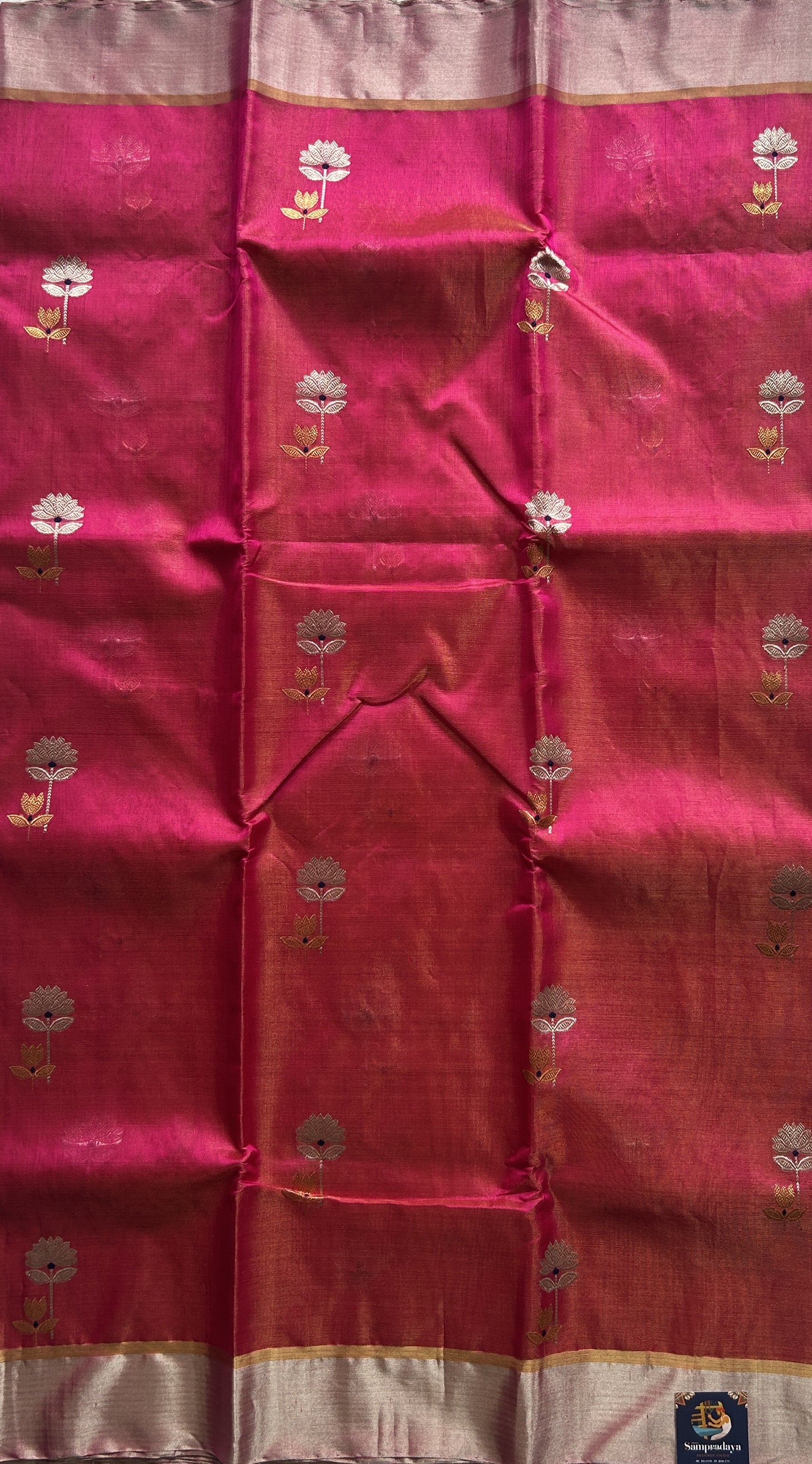 Chanderi Silk Saree Hot Pink color Elegantly Paired with a Silver Zari border - Sampradaya Designer Studio