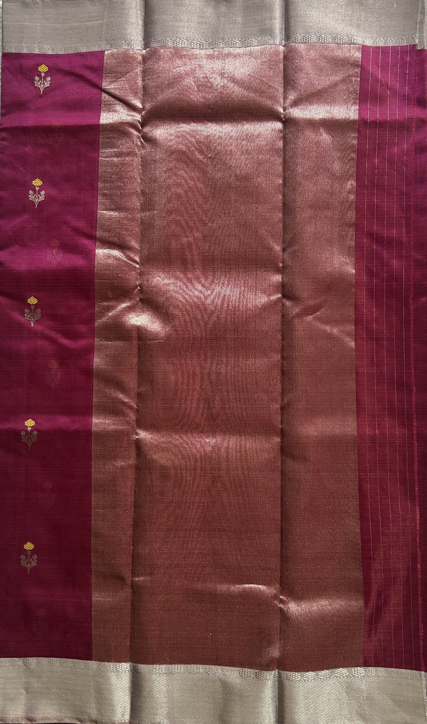 Chanderi Silk Saree Dark Pink color Elegantly Paired with a Silver Zari border - Sampradaya Designer Studio