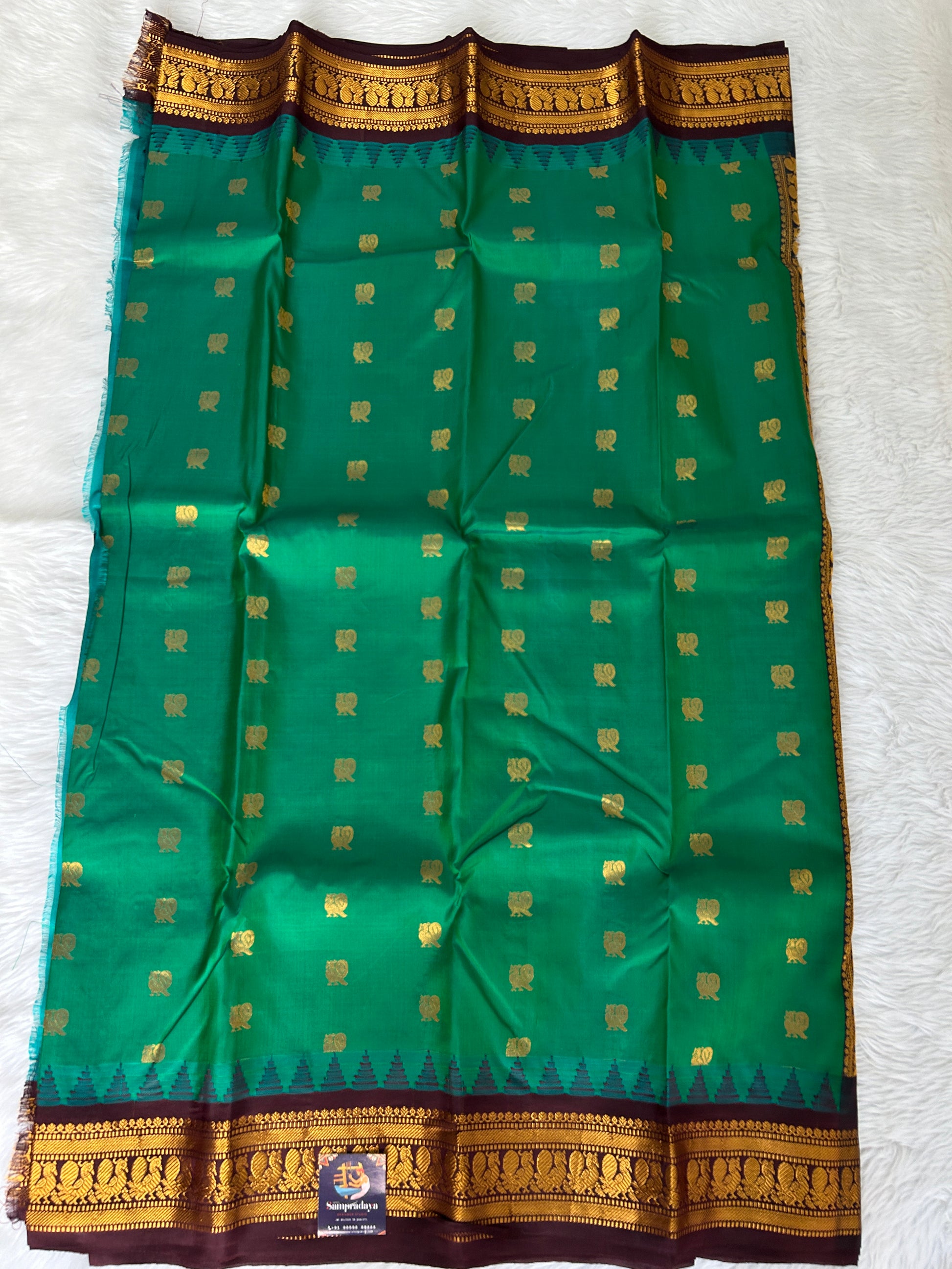 Gadwal Pattu Saree Bottle Green colored saree complemented with a Brown Kanchi border - Sampradaya Designer Studio
