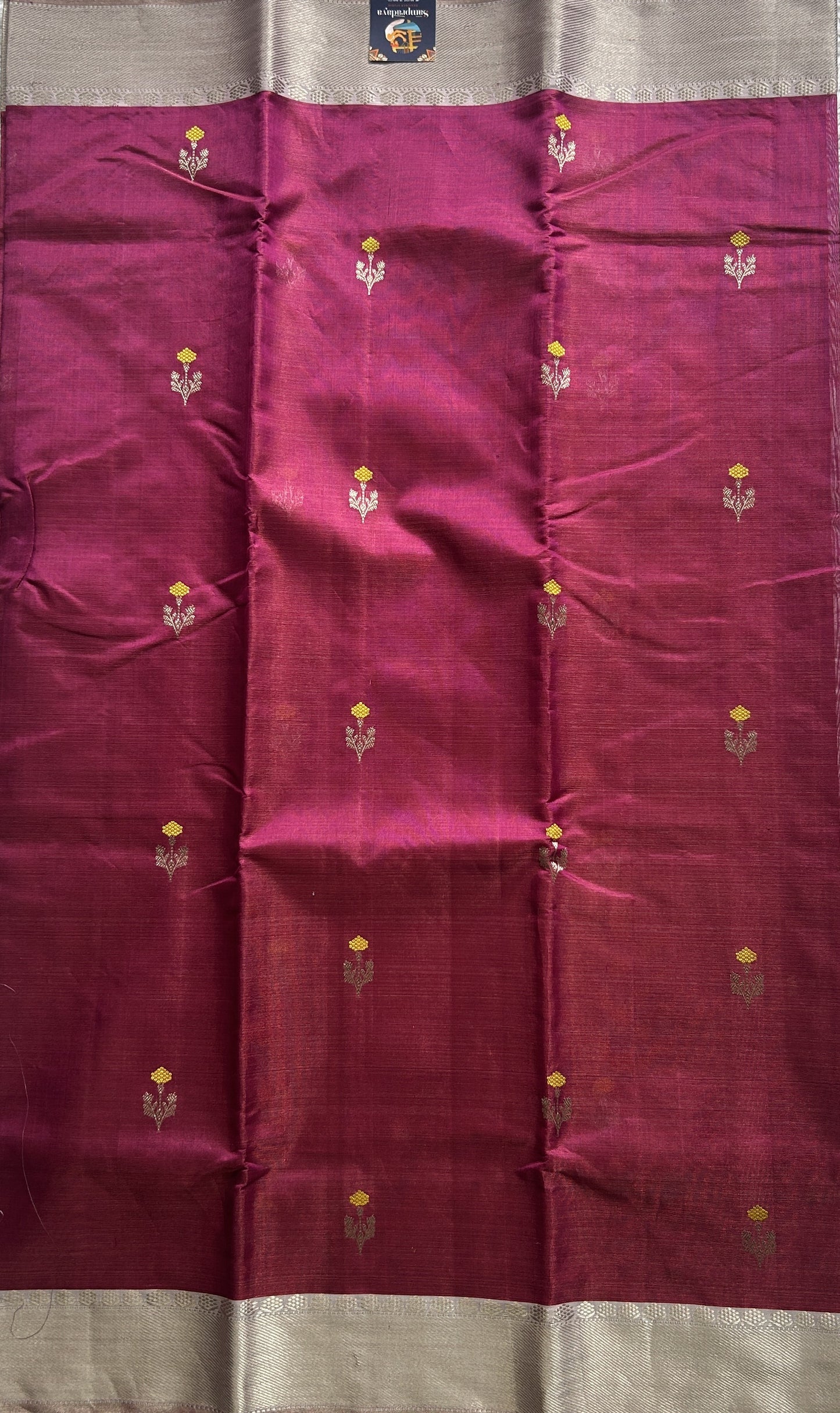 Chanderi Silk Saree Dark Pink color Elegantly Paired with a Silver Zari border - Sampradaya Designer Studio
