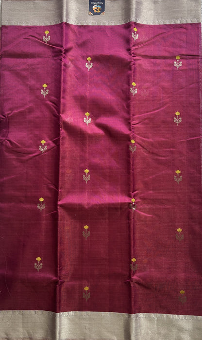 Chanderi Silk Saree Dark Pink color Elegantly Paired with a Silver Zari border - Sampradaya Designer Studio