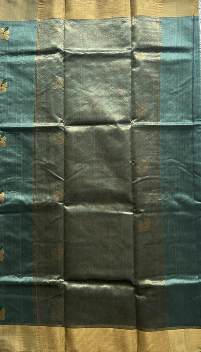 Chanderi Silk Saree Greyish Green color Elegantly Paired with a Gold Zari border - Sampradaya Designer Studio