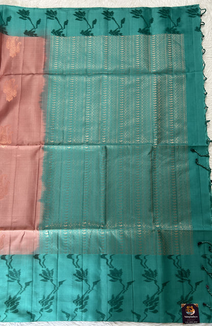 Kanjivaram Festive Soft Silk Saree Mauve colored Saree complemented with a Rama Green Pochampally border. - Sampradaya Designer Studio