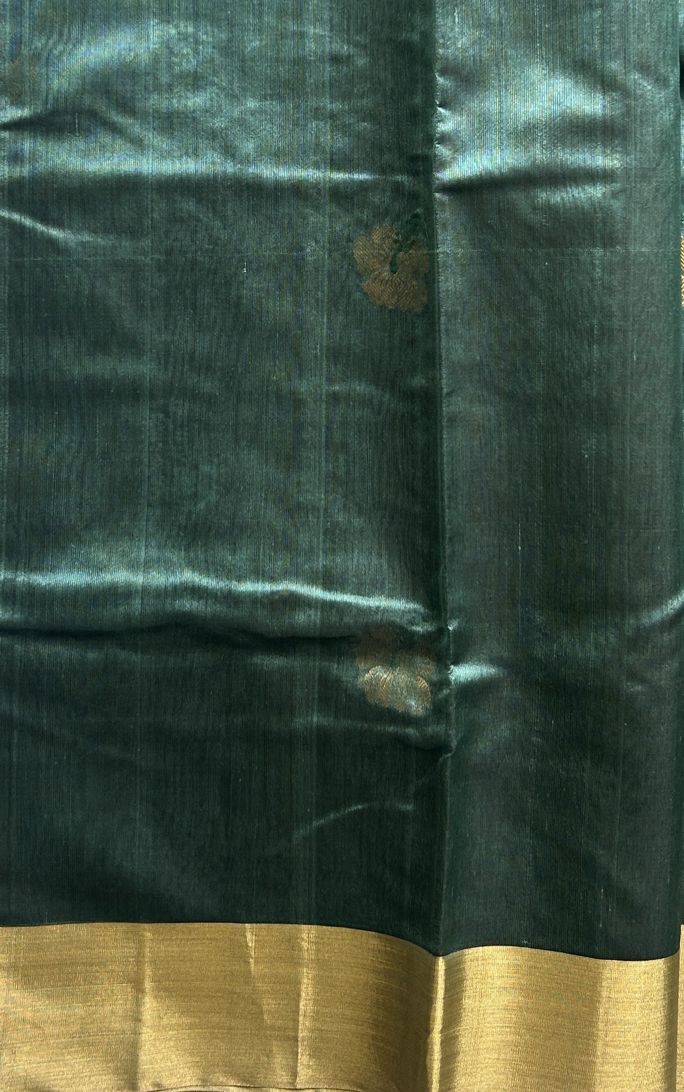 Chanderi Silk Saree Greyish Green color Elegantly Paired with a Gold Zari border - Sampradaya Designer Studio