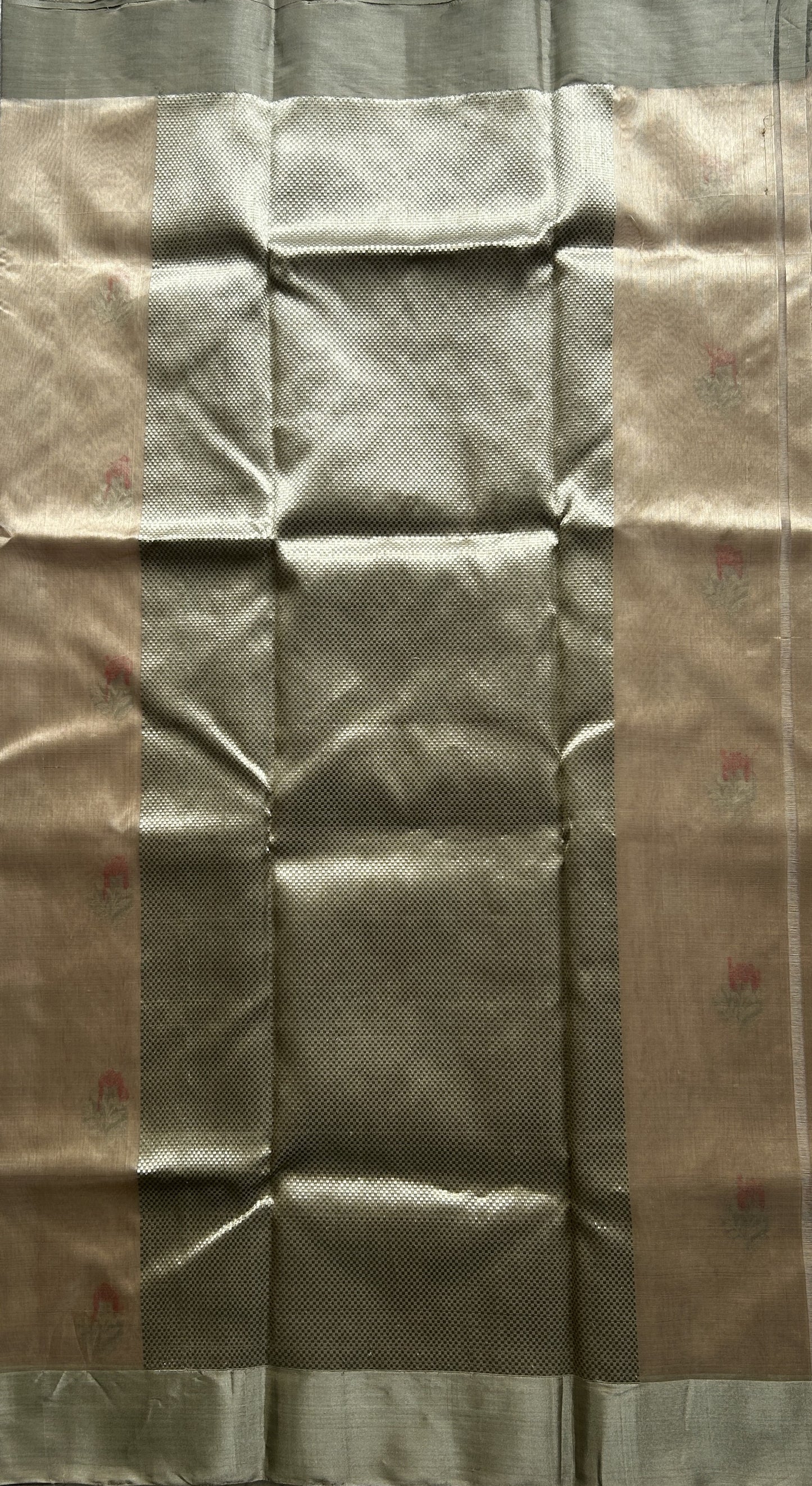 Chanderi Silk Saree Beige color Elegantly Paired with a Gold Zari border - Sampradaya Designer Studio