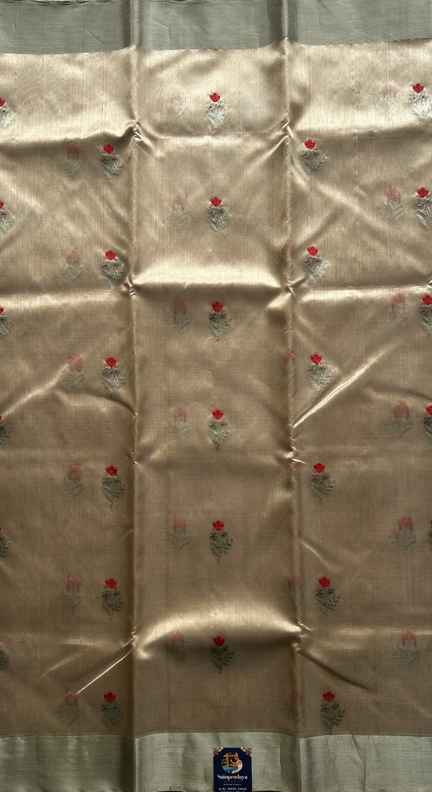 Chanderi Silk Saree Beige color Elegantly Paired with a Gold Zari border - Sampradaya Designer Studio