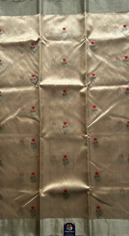 Chanderi Silk Saree Beige color Elegantly Paired with a Gold Zari border - Sampradaya Designer Studio