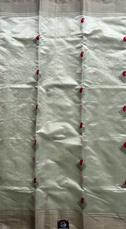 Chanderi Silk Saree Pastel Green color Elegantly Paired with a Gold Zari border - Sampradaya Designer Studio