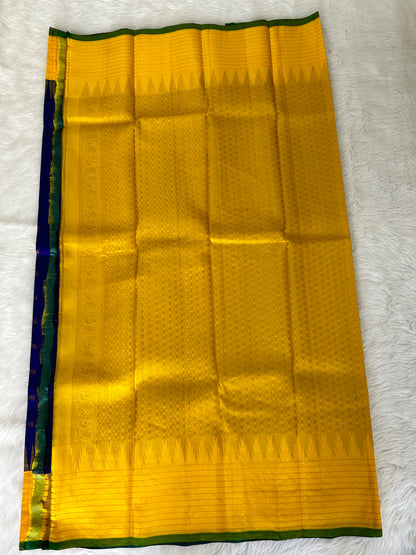 Gadwal Pattu Saree Dark Royal Blue colored saree complemented with a Yellow checks border - Sampradaya Designer Studio