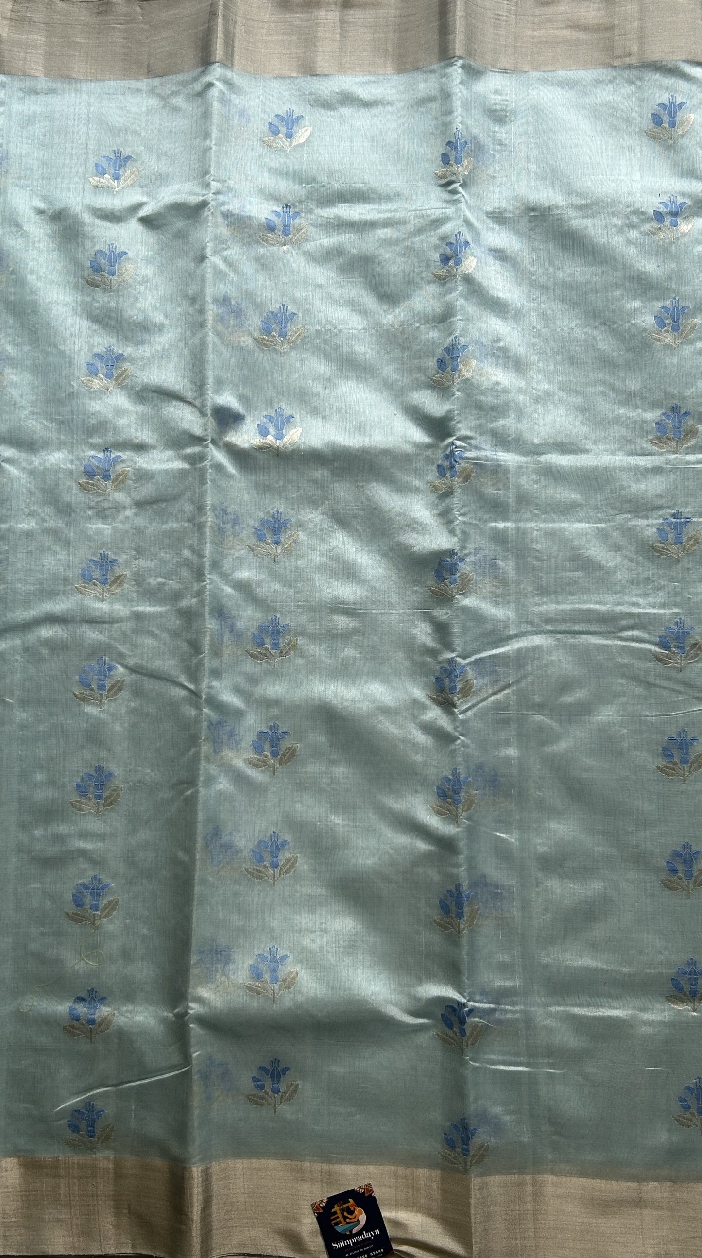 Chanderi Silk Saree Ice Blue colored Elegantly Paired with a Gold Zari border - Sampradaya Designer Studio