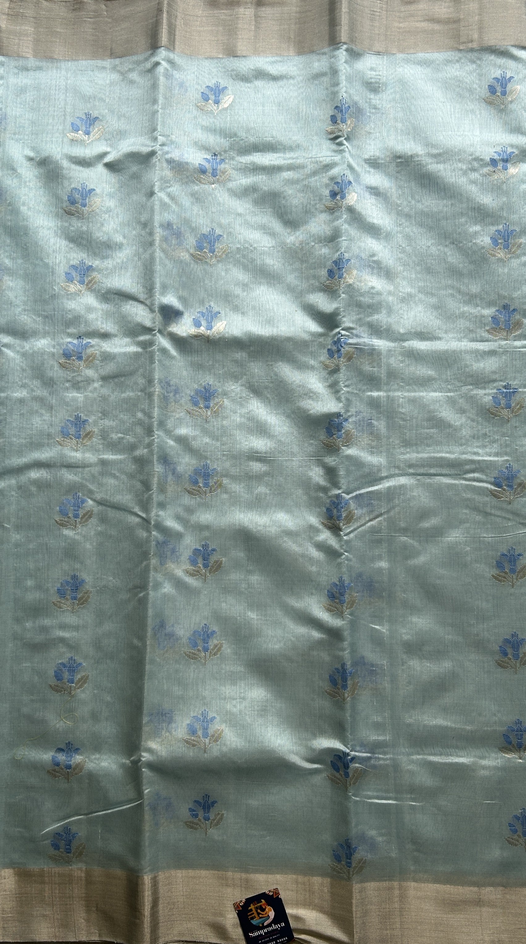 Chanderi Silk Saree Ice Blue colored Elegantly Paired with a Gold Zari border - Sampradaya Designer Studio