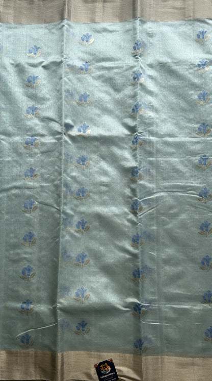 Chanderi Silk Saree Ice Blue colored Elegantly Paired with a Gold Zari border - Sampradaya Designer Studio