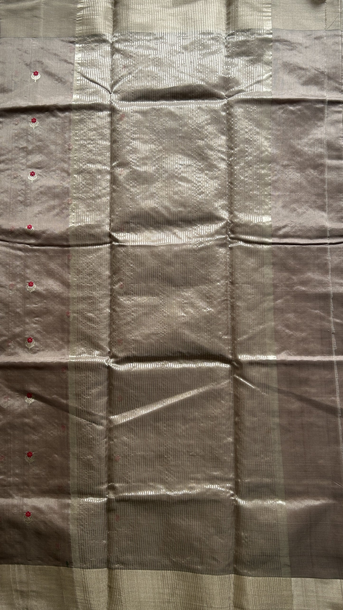 Chanderi Silk Saree Grey color Elegantly Paired with a Silver Zari border - Sampradaya Designer Studio