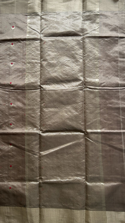Chanderi Silk Saree Grey color Elegantly Paired with a Silver Zari border - Sampradaya Designer Studio