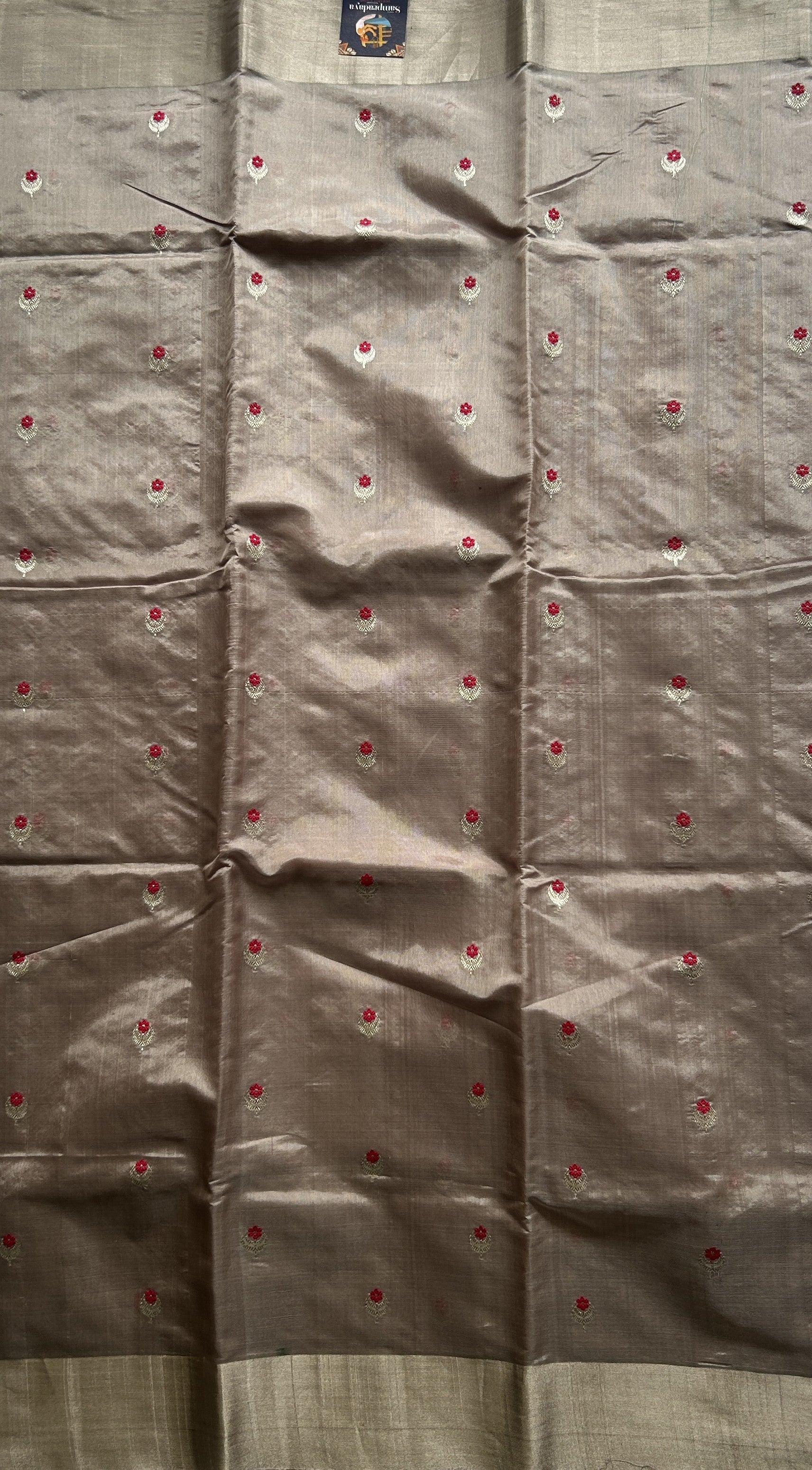 Chanderi Silk Saree Grey color Elegantly Paired with a Silver Zari border - Sampradaya Designer Studio