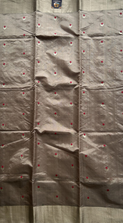 Chanderi Silk Saree Grey color Elegantly Paired with a Silver Zari border - Sampradaya Designer Studio