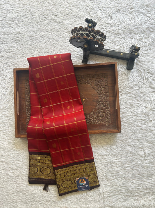 Pure Kanjivaram Silk Saree Maroon Colored Complemented with Brown Color Border with a Gold Zari Weaving. - Sampradaya Designer Studio