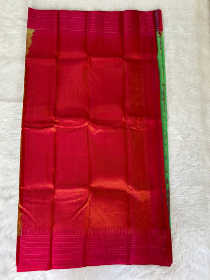 Gadwal Pattu Saree Sea Green colored saree complemented with a Pink checks border - Sampradaya Designer Studio